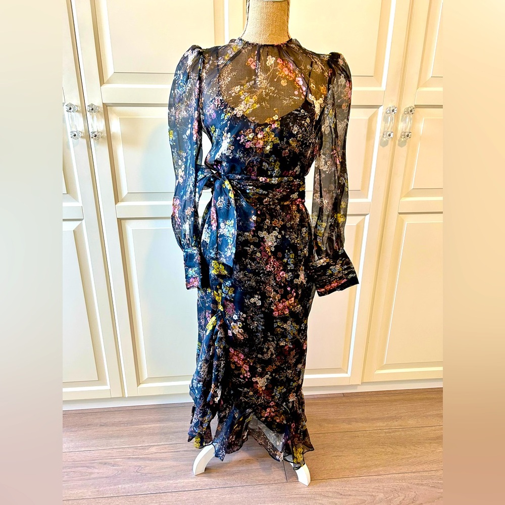 Cinq à Sept Marianne Floral Silk Organza Long Puff-Sleeve Midi Dress Size 4